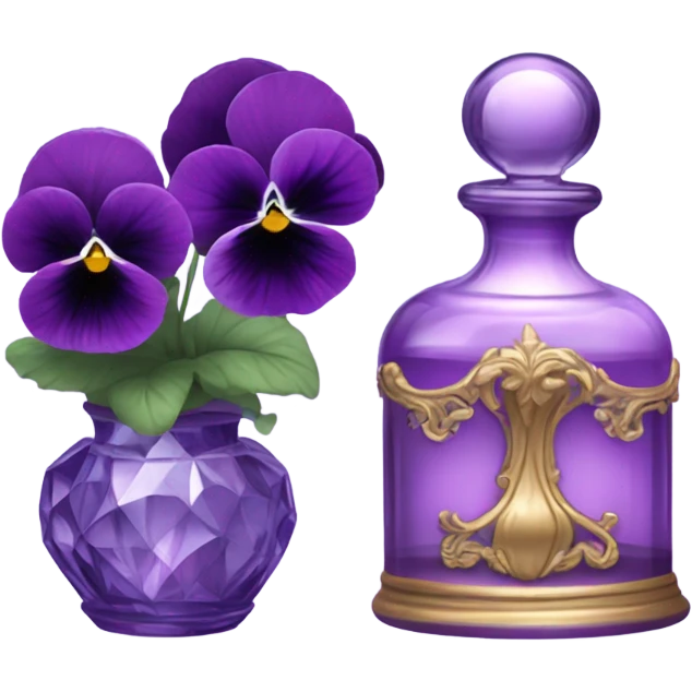 A pink aesthetic still-life: a decorative candle in a glass jar, violet pansies in a crystal vase, and an ornate purple perfume bottle emoji