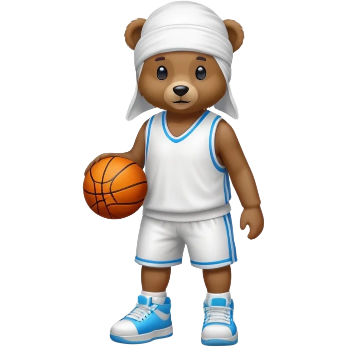 Full-body standing brown bear wearing a white durag on its head and cool colorful basketball sneakers on its feet, cute emoji style emoji