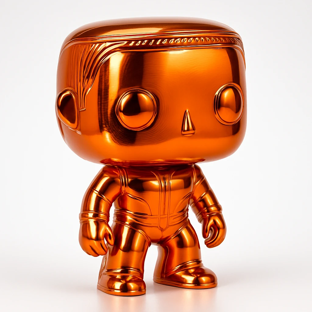 multiple Funko Pop inspired figures grouped, each in a different bold chrome color, glossy and eye-catching, playful arrangement emoji