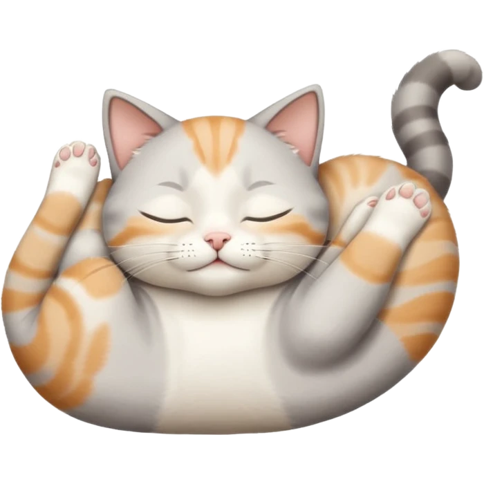 grey and white small cat with eyes closed lying down upside down with paws stretched out straight in different directions emoji