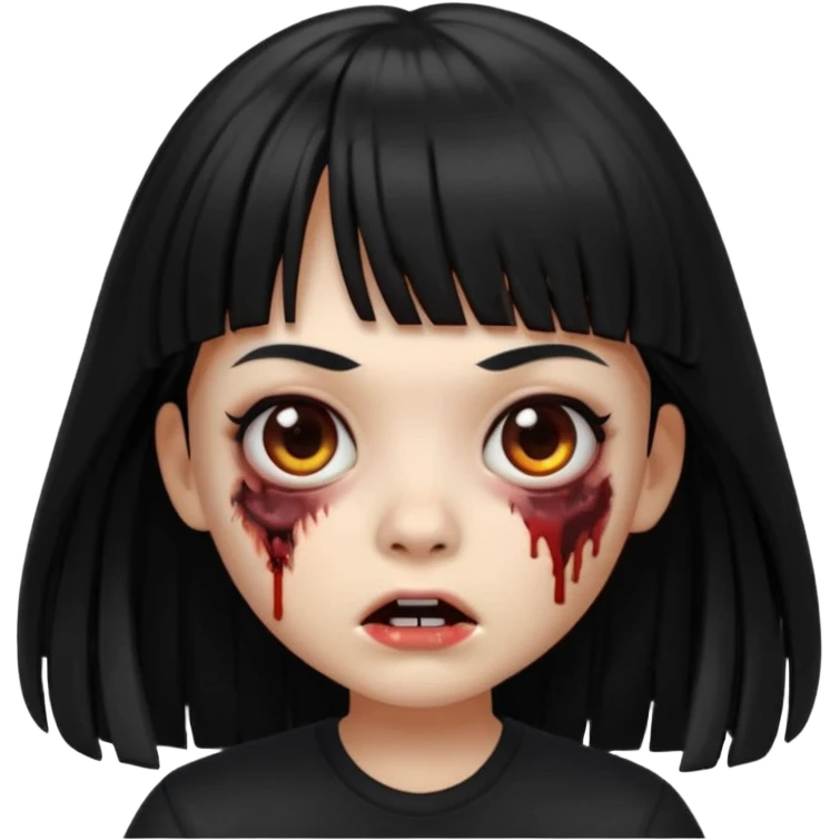 A zombie girl in Apple Memoji format with long, straight black hair with bangs, wearing a black shirt. emoji