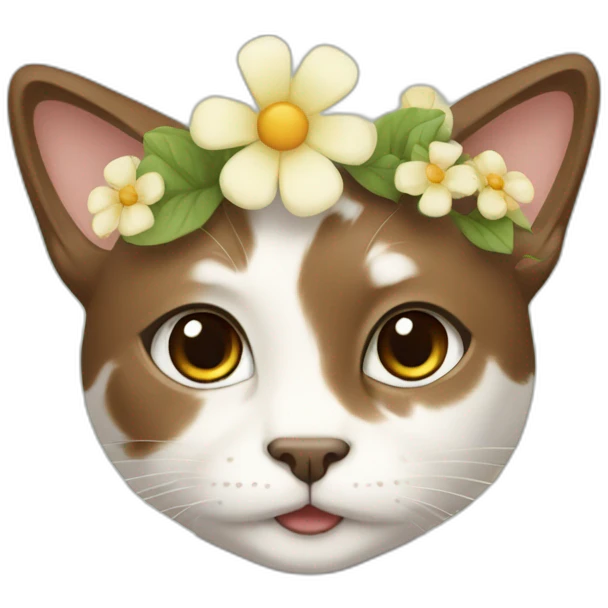 A while and cream cat with short wavy brown hair and spring flowers on its hair emoji