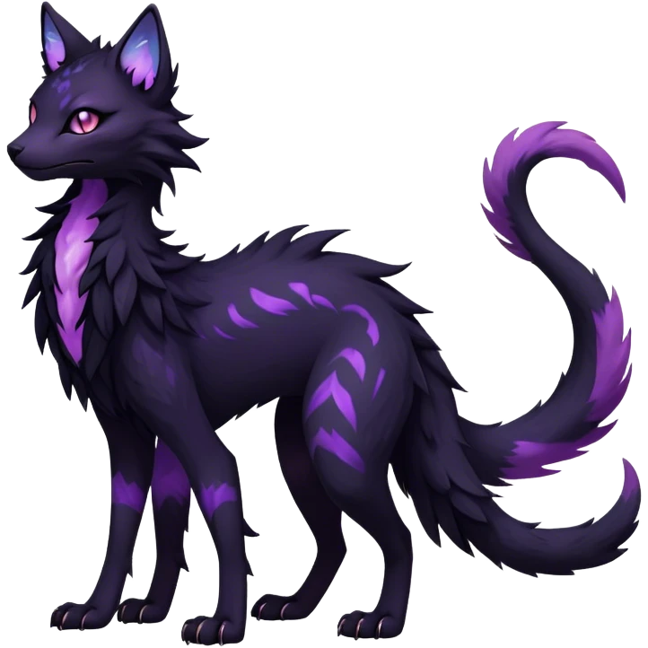 Kawaii dark black purplish blackish edgy fantasy ethereal feline-vernid-sergal-fursona animal creature full body with intricate markings  emoji