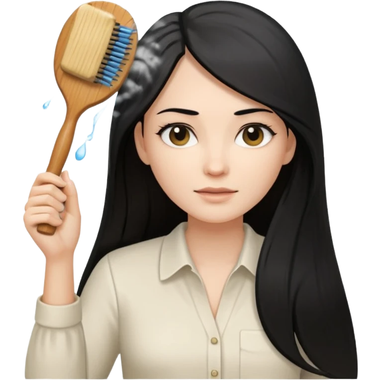 A white woman with long, straight black hair, wearing an ivory-colored shirt, holding a wooden paddle hairbrush in her left hand and spraying a hair mist bottle with her right hand toward her hair. emoji
