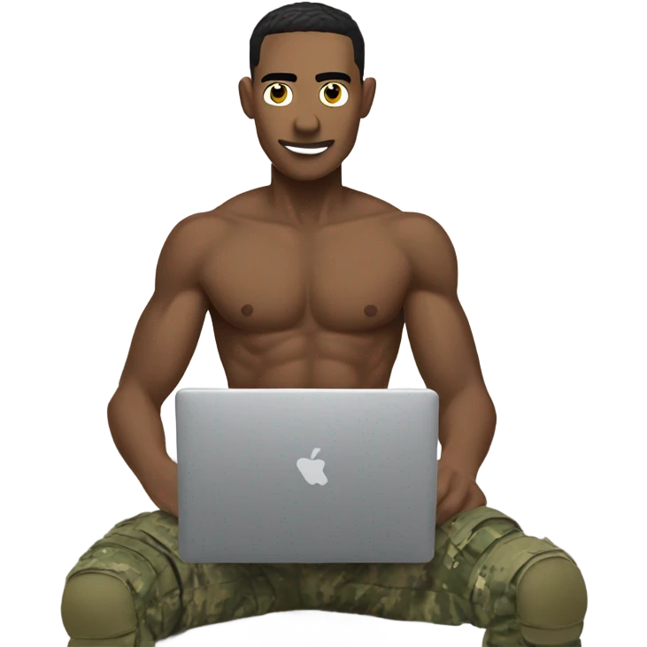 Army man without a shirt ripped, playing on the computer emoji