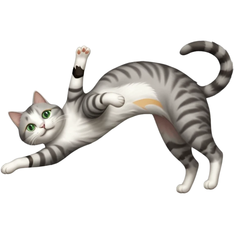 grey and white cat with green eyes doing a big extremely long stretch reaching up into the air with arms and legs side by side together straight and overextended whilst lying on its side emoji