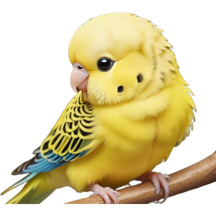 Cinematic Cute Yellow Budgie Portrait Emoji, Head tilted playfully and inquisitively, featuring a radiant yellow feathered fur with a natural sheen, round, sparkling dark eyes filled with curiosity, Simplified yet irresistibly adorable features, highly detailed, glowing with a warm, friendly glow, high shine, affectionate and lively, stylized with a touch of whimsy, bright and endearing, soft glowing outline, capturing the essence of a mischievous yet loving budgie, so playful it feels like it could chirp out of the screen and into your arms! emoji