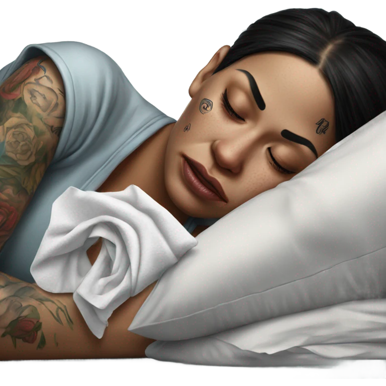 Hyper Realistic Beautiful tattooed woman crying holding a tissue lying on her bed emoji
