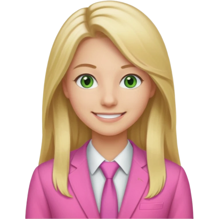 long blonde hair, real estate broker, 20, smile, green eyes, pink corporate clothes emoji