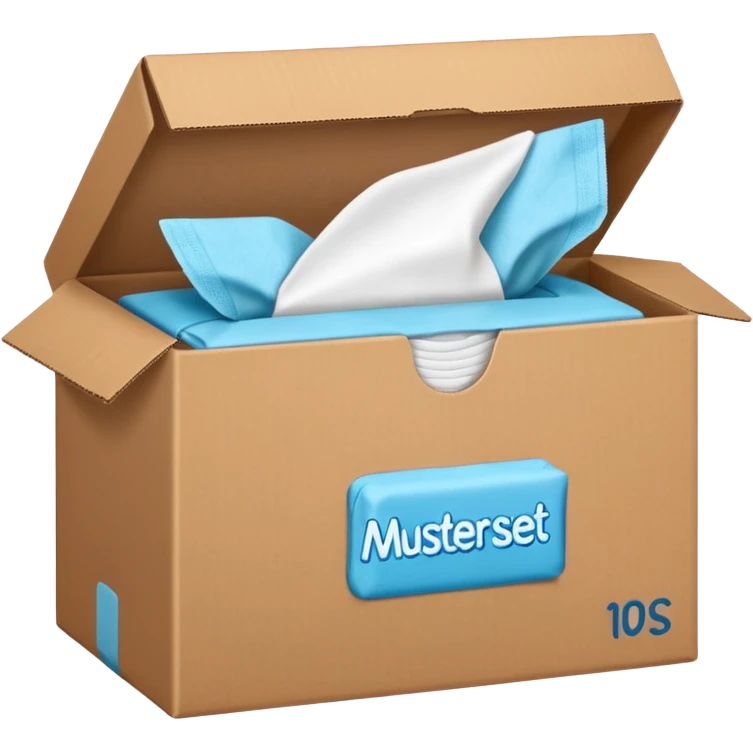 ein brauner karton aus dem frauenbinden rausschauen mit der beschriftung "musterset" emoji