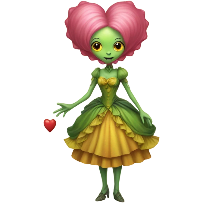 a green alien woman in Victorian orange and jellow dress, pink hair,holdig, red big hearth, full body emoji