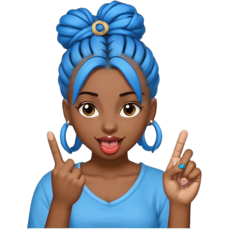 brown girl with blue locs in a bun with tongue out giving middle finger emoji