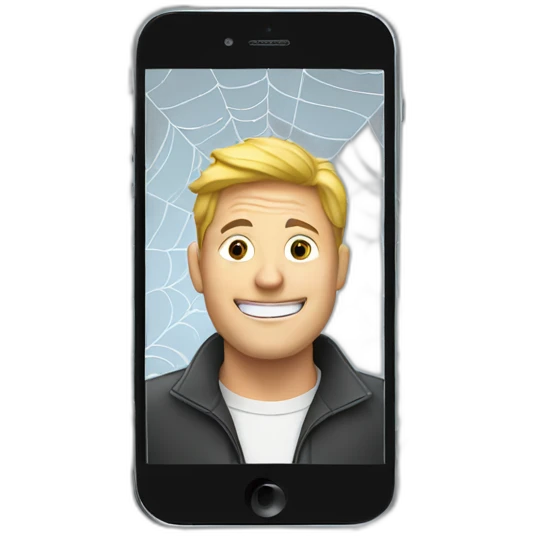 a mobile phone, covered with a spiderweb, with a picture of a man emoji