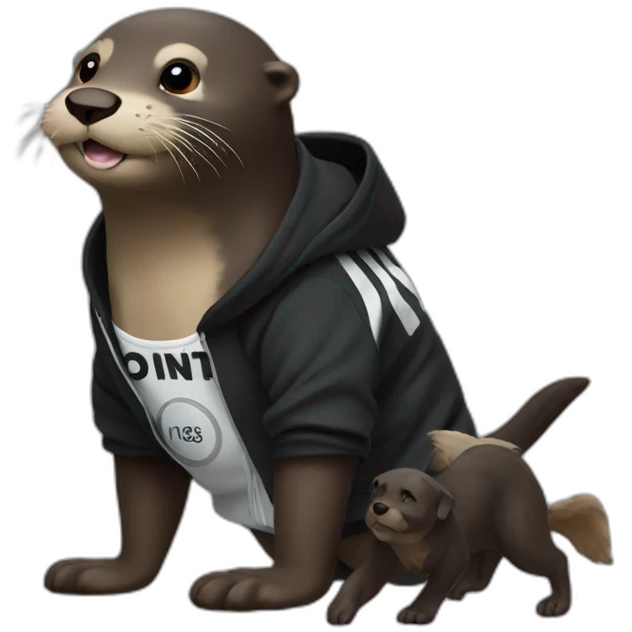 otter in black adidas hoodie playing with a dog emoji