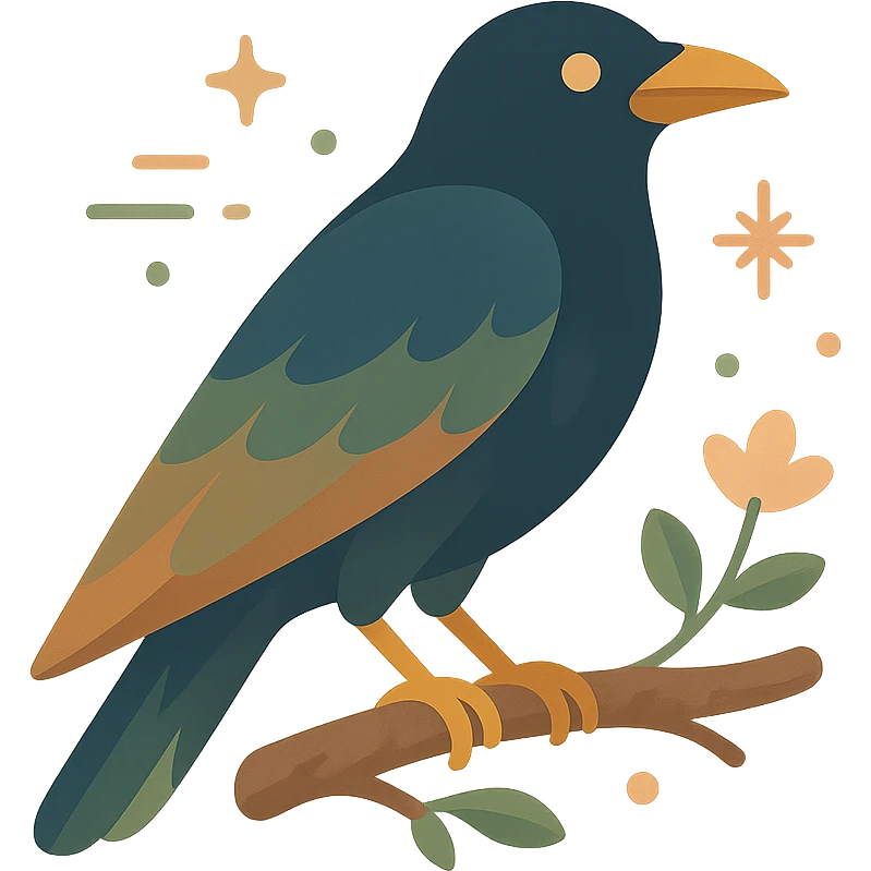A mysterious crow perched on a branch, surrounded by a soft, magical atmosphere. The crow’s feathers are deep, dark hues with hints of golden orange (FA9B41), forest green (4A7C5C), muted taupe brown (96775A), and pastel peach (FFCC9A) subtly blending into its plumage. The branch is weathered and textured, with small leaves in green and peach tones, and delicate flowers or tiny sparks floating around. The lighting is soft and ambient, casting a warm, mystical glow over the scene, creating a quiet yet enchanting atmosphere. The crow’s sharp eyes and poised posture add to the mysterious, slightly gothic vibe of the moment emoji