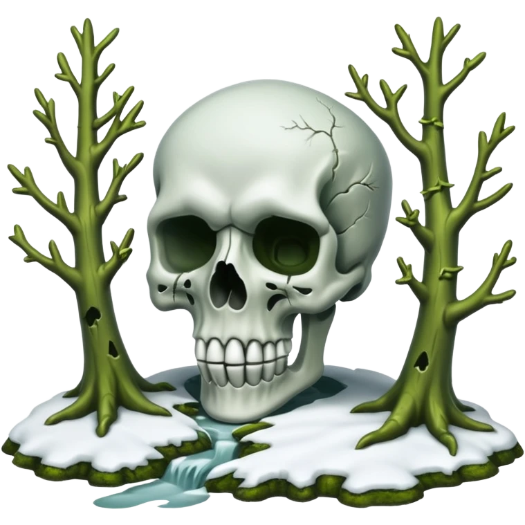 A surreal Alaskan snow covered landscape with mossy trees, in the style of your bleeding skull art. emoji
