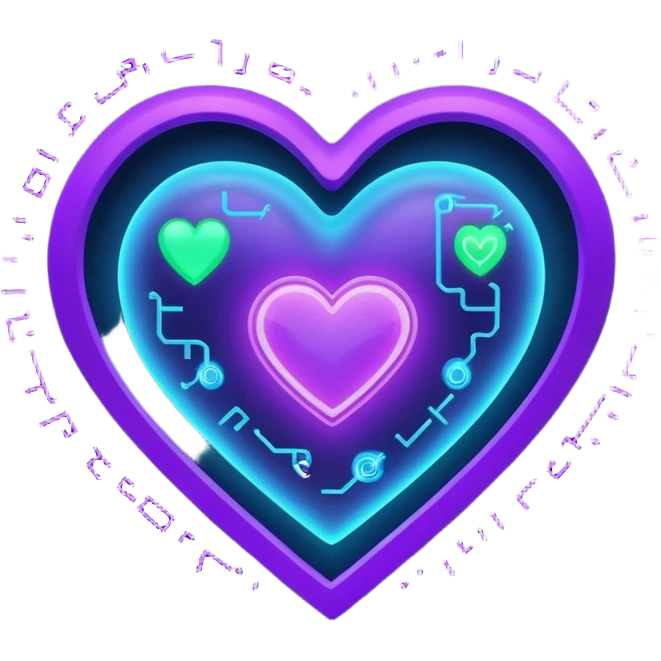 A glowing blue-to-purple neon heart with a small galaxy and green digital hacker code inside. Futuristic, gamer, magical, and powerful. 💚🌌🔥 emoji