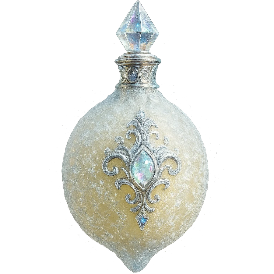 luxurious crystal elixir bottle in frozen lemon shape, frosty pale yellow color, icy and sparkling effects, ornate silver and iridescent details, magical glowing, very small neck, seamless bottom, bottle clearly floating in air, no base or shadow, modern, collection style, transparent background emoji