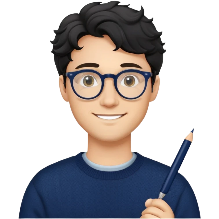 Young caucasian man with black wavy hair, round glasses, navy blue sweater, confident trustworthy smile, professional designer with pen emoji