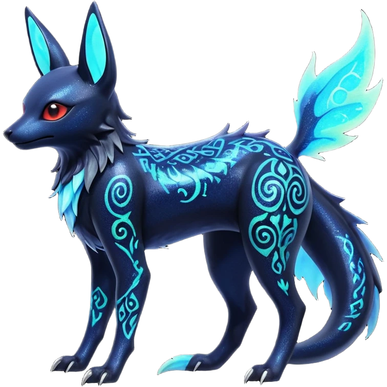 Shiny Fiery Dark Ugly Evil Realistic Glowing Eldritch Horror Cool Edgy Badass Emo Glorious Demonic Batty Dusky Ethereal Sparkly Shimmering Magical Punky Aural Iridescent Fluorescent Bioluminescent Umbreon-Amaura-Salandit-Noibat-Flareon-Fakémon-fusion (full body) with intricate pattern markings emoji