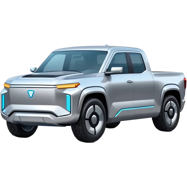 A futuristic electric pickup truck emoji, silver chrome body, angular cyber design, smooth metallic panels, subtle reflections, minimalistic proportions, iOS emoji style, centered composition, clean white background, soft lighting emoji