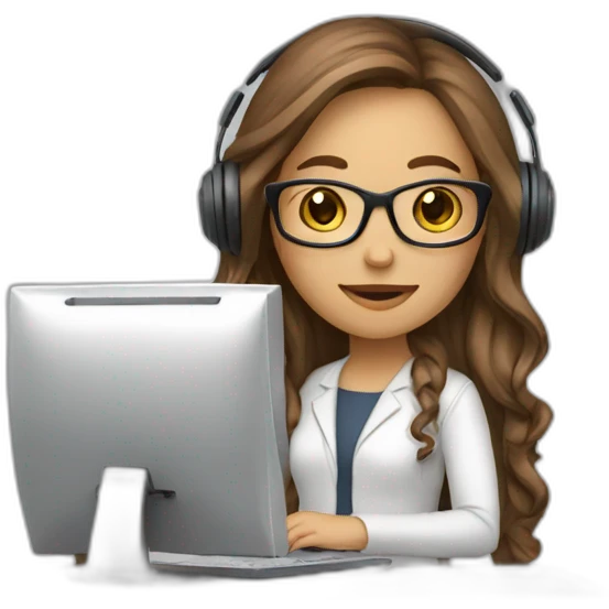 woman-white,-brown-long-hair,-brown-eyes,-white-glasses,-with-a-computer-and-a-headset emoji