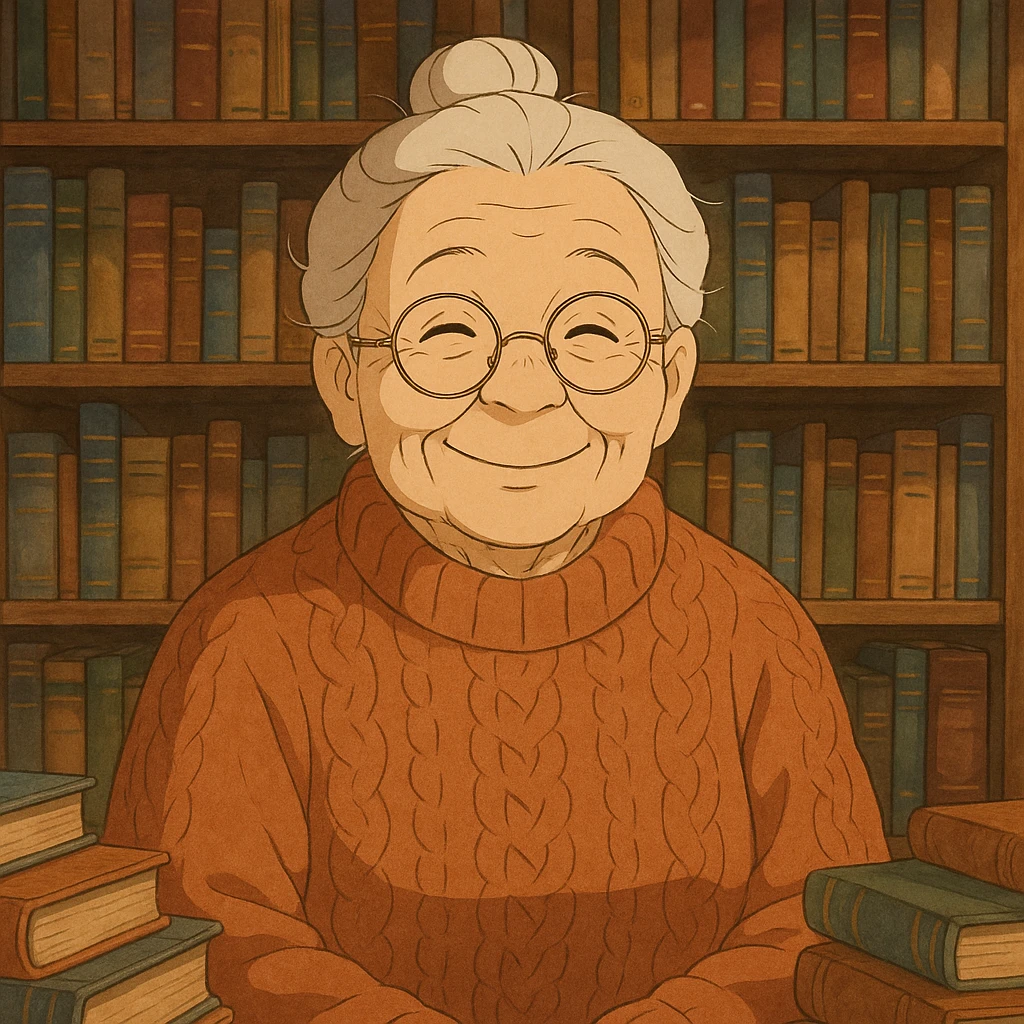 ghibli style elderly smiling librarian granny, warm expression, glasses, cozy sweater, surrounded by books emoji