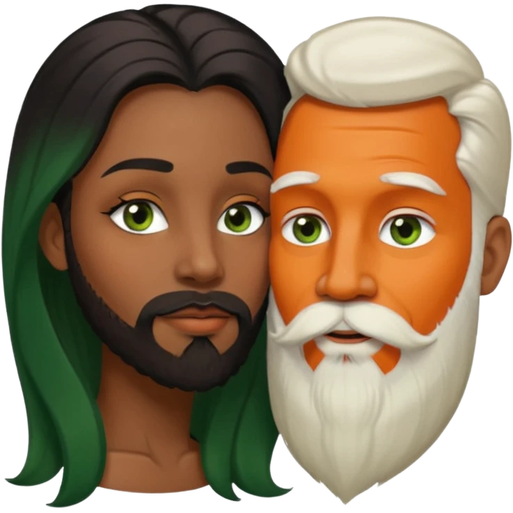 Brown eyed ebony black woman with brown eyes and long balayage brown/black hair.  She is kissing bald white man. The White man is 47yrs old, pale, he has green eyes has orange facial hair and long beard  emoji
