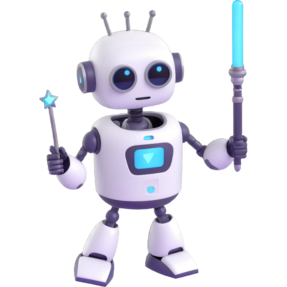 A cute robot is holding a magic wand emoji