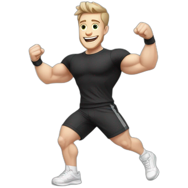 Joyful Celebrating victory Pale skinned Fit Man With the biceps and dark brown hair in black shirt, gray sports shorts and white Sneakers emoji