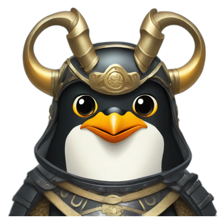 penguin with face wearing samurai helmet with big horns emoji