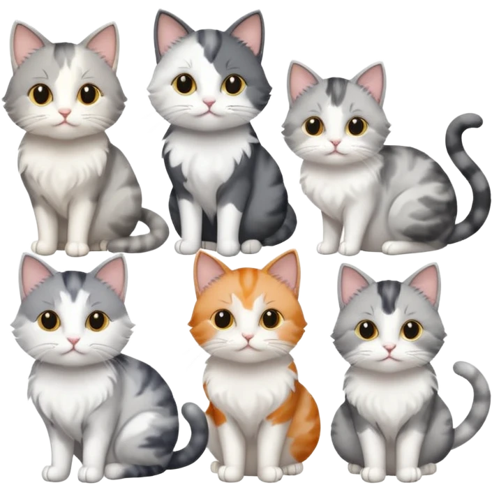 6 realistic looking cats with different natural coloured coats, assorted grey and white, greys, calico colours etc
 emoji