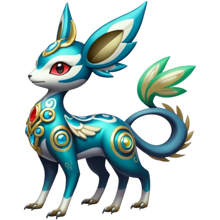 Shiny Colorful Futuristic Ornate Painted Asian Vernid-Trico-Meloetta-Latias-Koraidon-Peppercat-Protogen-Pokémon-Digimon-Fakémon-fusion-hybrid-creature emoji
