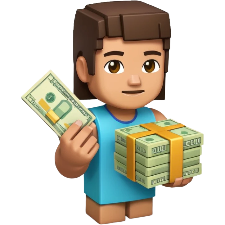 emoji style icon, minecraft blocky character holding a stack of money, pixel art style, bright colors, simple background, 3D glossy emoji, centered composition, soft shadow, high detail, clean outline, white background emoji