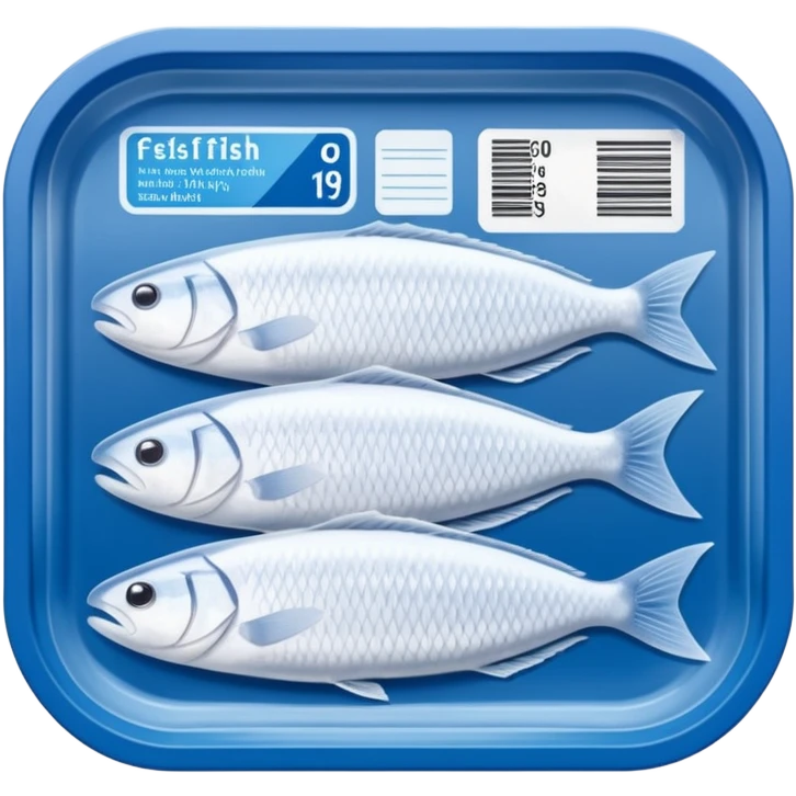 A clear vacuum-sealed plastic tray containing neatly arranged white fish fillets, covered with a thin layer of frost. The package has a blue and white label with product details and barcode. Set in a supermarket freezer shelf among other seafood packs, realistic lighting and texture. emoji