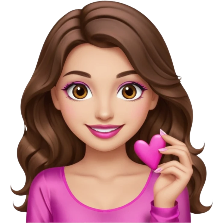 girl with long wavy brown hair, brown eyes, long lashes makeup, sexy pink lips, light to medium complexion, wearing a pink sexy silk top, smiling emoji