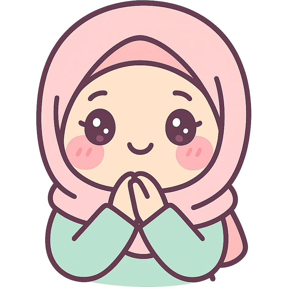 kawaii style cartoon girl with hijab, blushing, happy emoji