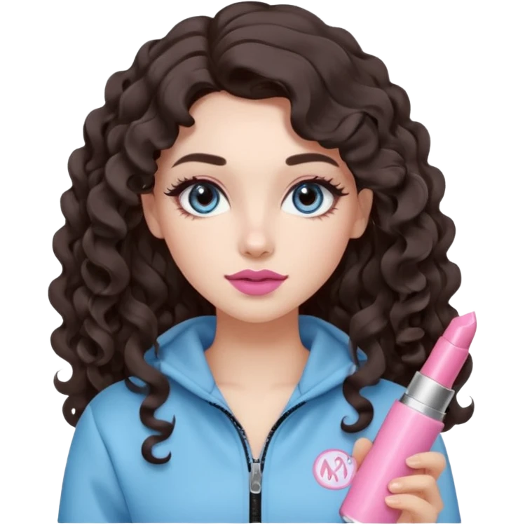 A girl with long dark brown hair styled in loose 36mm curls, round-almond Douyin-style eyes with long curled lashes, cool-tone neutral makeup. She’s wearing a light-blue athletic outfit and holding a normal-size pink lipstick (not oversized) in one hand. emoji