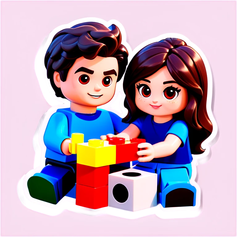 A handsome young man with dark hair, a little heavy sits with his girlfriend with cascading, dark brown hair, flowing down her face as they sit together playing Legos emoji