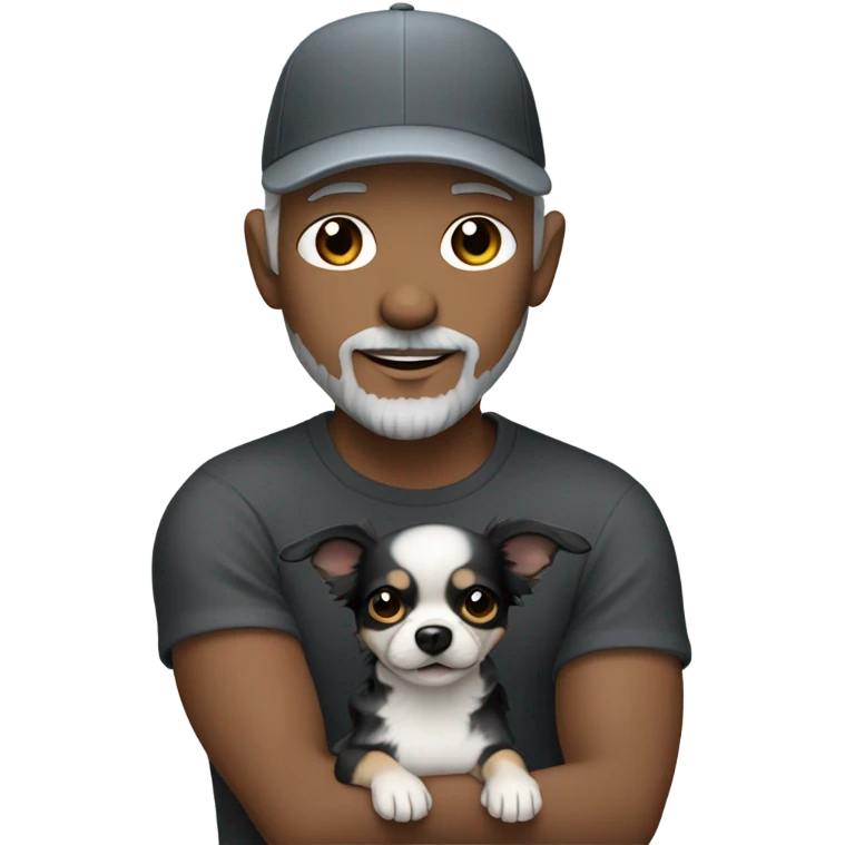 Handsome man with blue eyes wearing ball cap with grey hair and goatee beard holding all black long haired chihuahua emoji