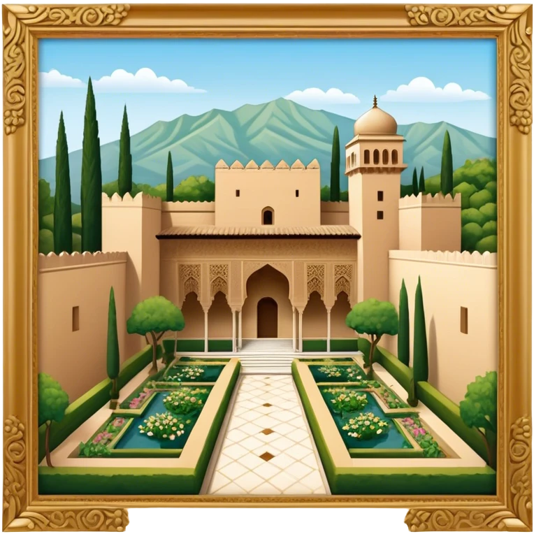 Cinematic Realistic Alhambra Landmark Emoji, showcasing the ornate historic palace with lush gardens rendered with rich textures and soft, majestic lighting. emoji