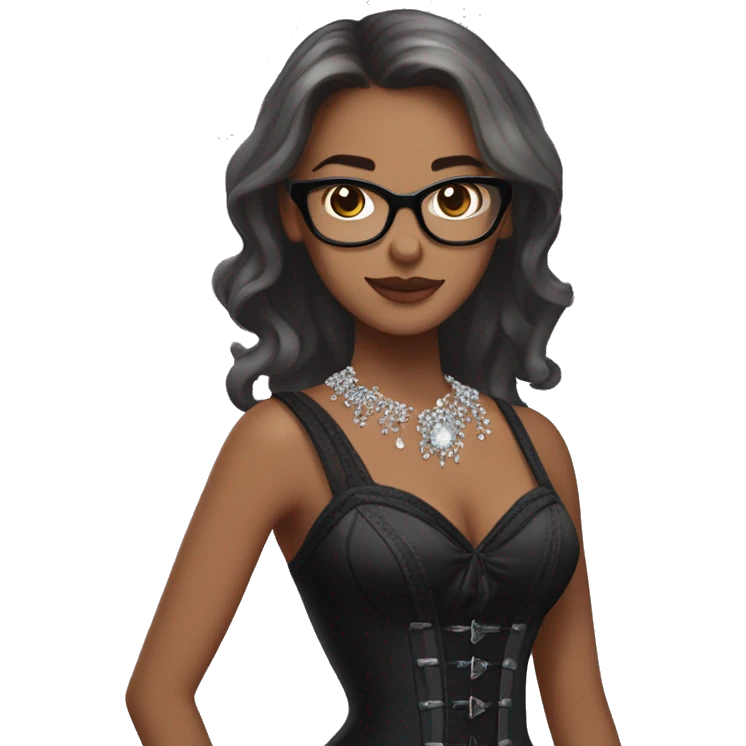 Girl with shoulder length hair and glasses wearing a long black dress with a rhinestone coveted corset top dancing, brown straight hair and grey eyes  emoji