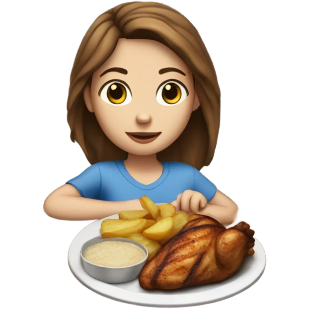 White girl blue eyes brown hair eating grilled chicken and potato  emoji