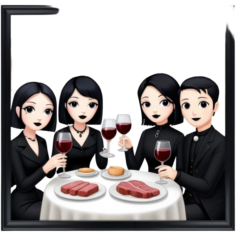 goth artists enjoying wine Party at a french Parisian SPAM meat cafe LANDSCAPE  emoji