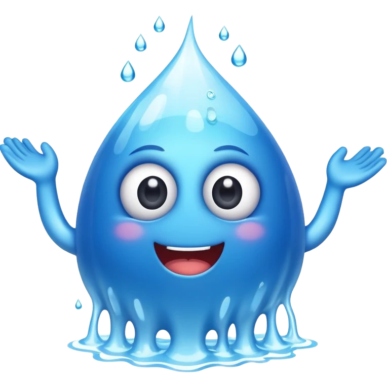 a happy blob of water with googly eyes and long water hands emoji