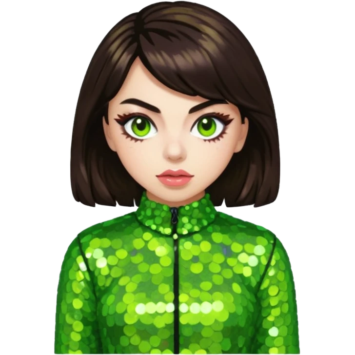 Charli XCX with dark brown hair, lime green sequin outfit emoji