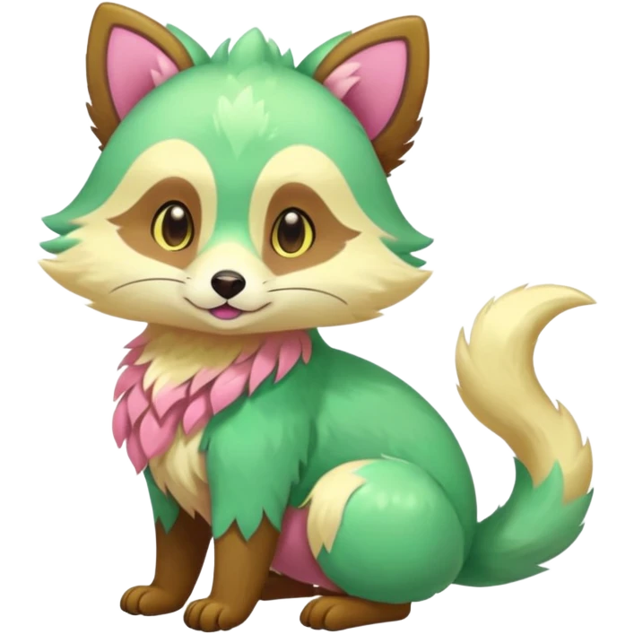 Colorful brown with rose-pink, yellow-beige-cream, jade-green tropical exotic shiny beautiful fantasy-Vernid-Cacomistle-animal-Fakémon-hybrid-fursona (full body) emoji