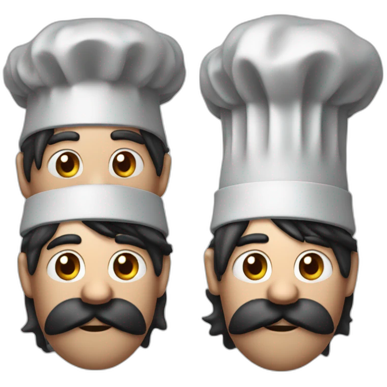 a chef with a worried expression and a long droopy nose with a mustache and black hair with a chef hat with ears and brown eyes emoji