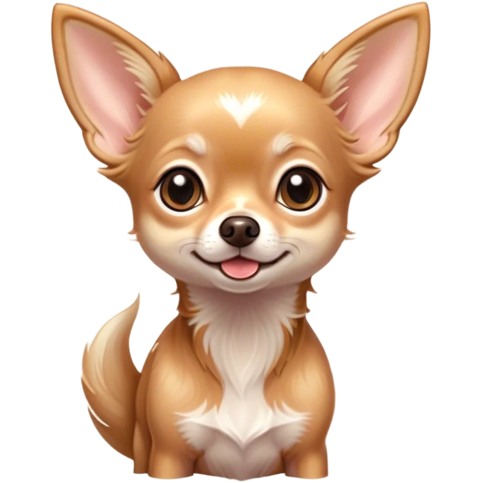Cinematic Cute Long Haired Fawn Chihuahua Portrait Emoji, Head tilted playfully and inquisitively, silky long fawn hair with gentle highlights, round, sparkling dark eyes filled with curiosity, Simplified yet irresistibly adorable features, highly detailed, glowing with a warm, friendly glow, high shine, affectionate and lively, stylized with a touch of whimsy, bright and endearing, soft glowing outline, capturing the essence of a mischievous yet loving companion, so playful it feels like it could prance out of the screen and into your arms! emoji