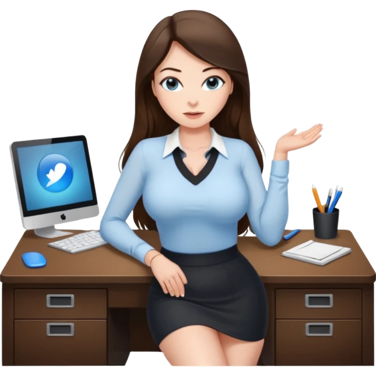 sexy woman brunette, very large breasts, pale skin, blue eyes, long brown hair, tight white blouse, short black skirt. at desk emoji